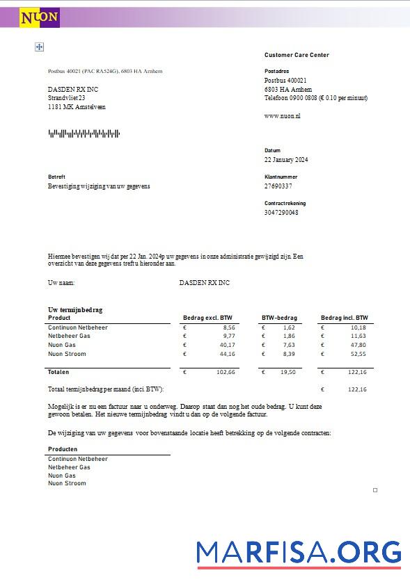 Blank Netherlands NUON gas business utility bill template in Word and PDF format in Dutch language